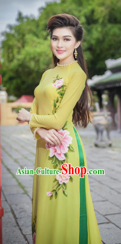 Asian Vietnam Hand Painting Peony Ao Dai Qipao Traditional Vietnamese Cheongsam Costumes Classical Yellow Dress and Pants for Women