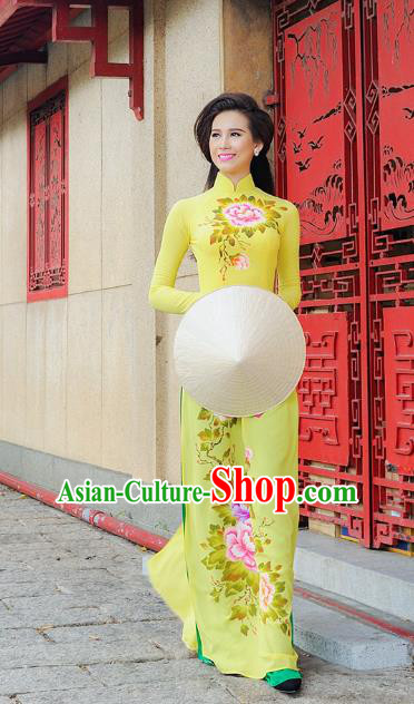 Asian Vietnam Ao Dai Qipao Traditional Vietnamese Cheongsam Costumes Classical Hand Painting Peony Yellow Dress and Pants for Women