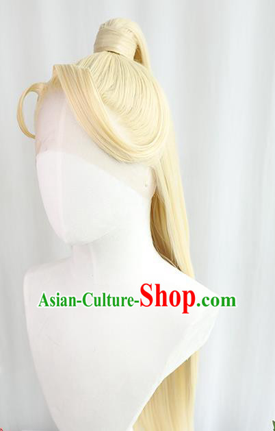 Best Chinese Cosplay God Golden Wig Sheath China Quality Front Lace Wigs Ancient Swordsman King Wig