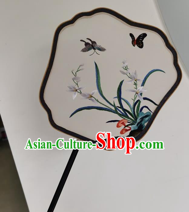 China Embroidery Orchids Silk Fan Ancient Court Lady Fans Double Side Fan Handmade Palace Fan
