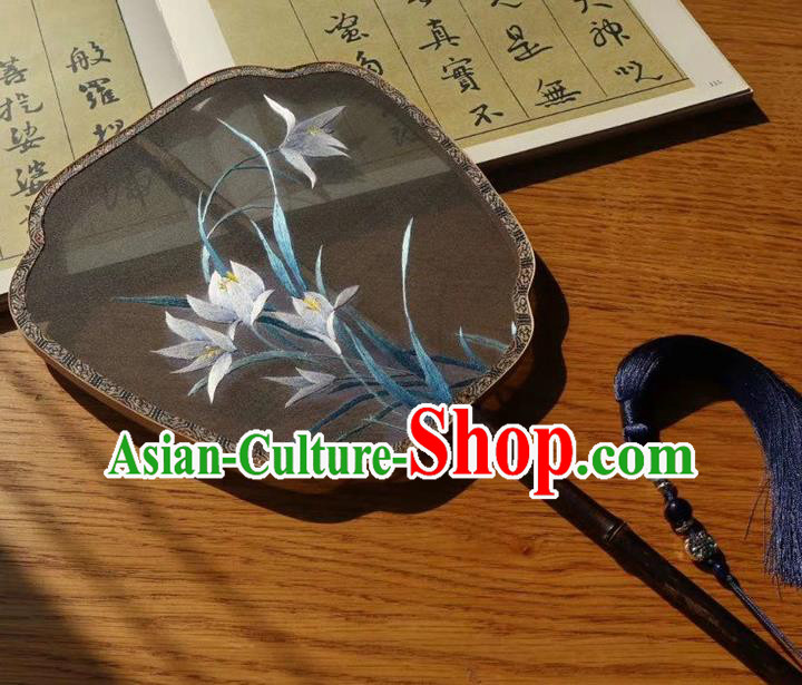 China Traditional Handmade Embroidered Palace Fan Double Side Fan Embroidery Orchids Black Silk Fan Ancient Court Lady Fans
