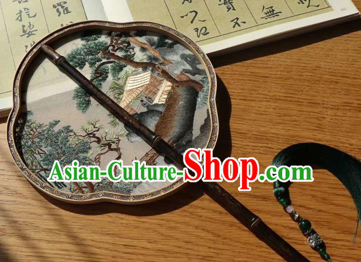 China Ancient Court Lady Fans Handmade Traditional Embroidered Ginger Silk Palace Fan Embroidery Pine Double Side Fan