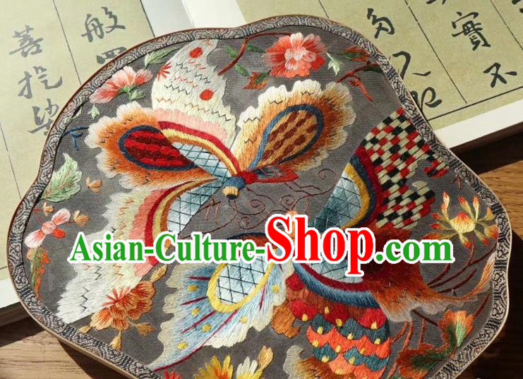 China Handmade Traditional Embroidered Palace Fan Embroidery Butterfly Double Side Fan Ancient Court Lady Grey Silk Fans