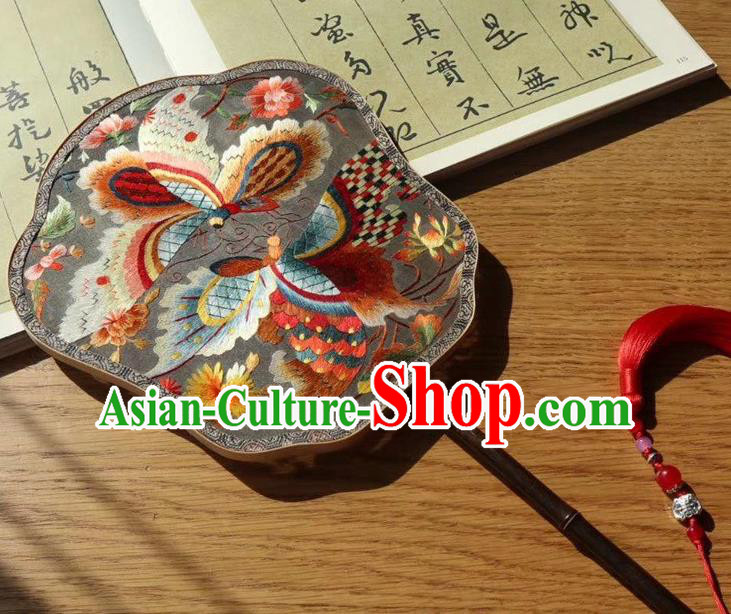 China Handmade Traditional Embroidered Palace Fan Embroidery Butterfly Double Side Fan Ancient Court Lady Grey Silk Fans