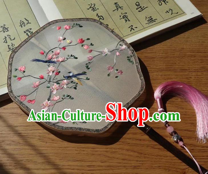 China Handmade Embroidery Flowers Birds Double Side Silk Fan Traditional Embroidered Palace Fan