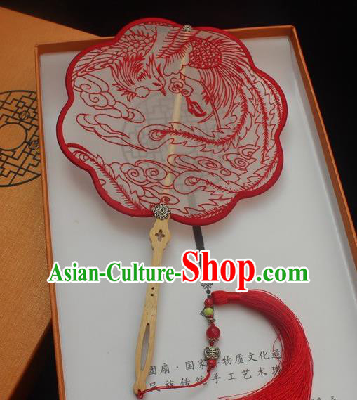 China Traditional Embroidered Palace Fan Handmade Princess Embroidery Silk Fans Classical Red Phoenix Pattern Double Side Fan