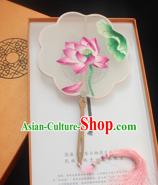 China Traditional Embroidered Silk Fan Handmade Double Side Fan Classical Embroidery Lotus Pattern Palace Fan