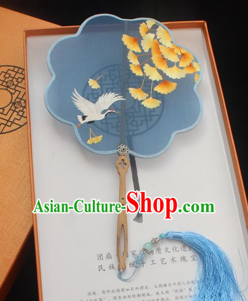China Traditional Blue Silk Fan Classical Embroidery Ginkgo Crane Pattern Palace Fan Handmade Double Side Embroidered Fan