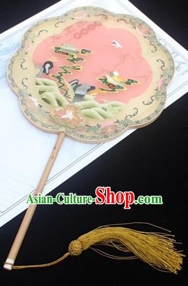 China Classical Pink Silk Fan Embroidery Palace Fan Handmade Double Side Embroidered Fan Traditional Court Princess Fans