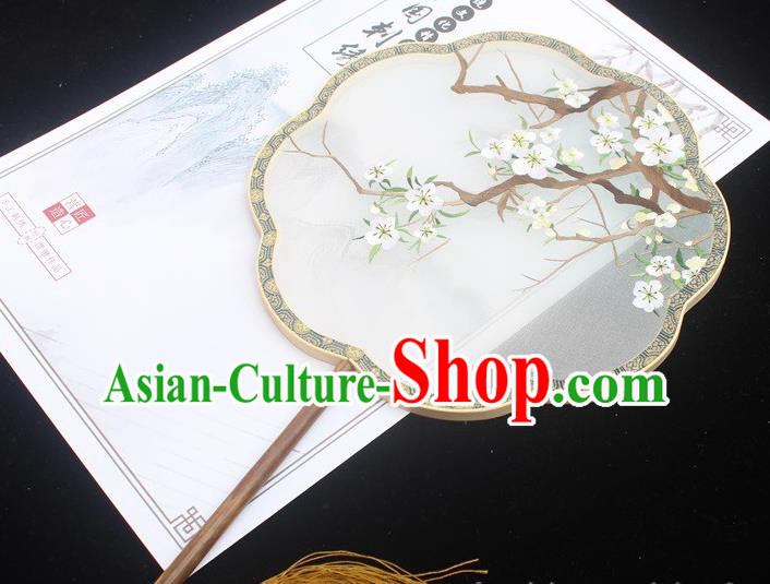 Embroidered White Plum Blossom Fan China Traditional Classical Dance Embroidery Silk Fan Handmade Palace Fan