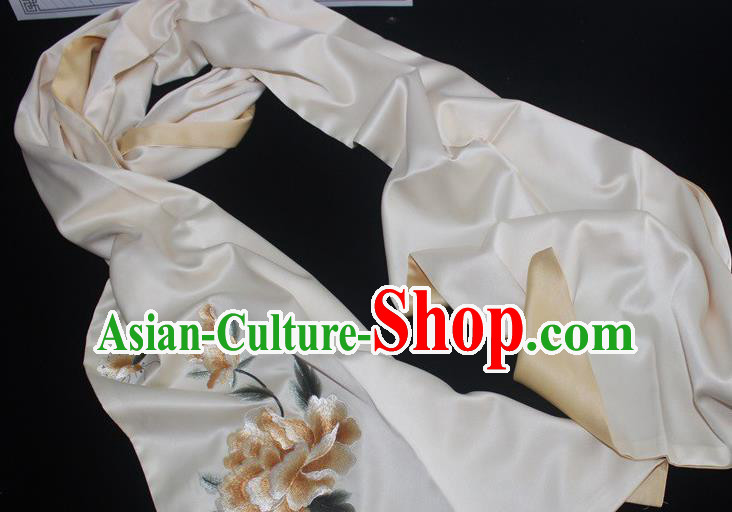 Chinese Style Cheongsam Accessories Embroidered Peony Beige Silk Scarf