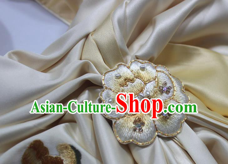 Chinese Embroidered Peony Yellow Silk Scarf with Brooch Cheongsam Accessories