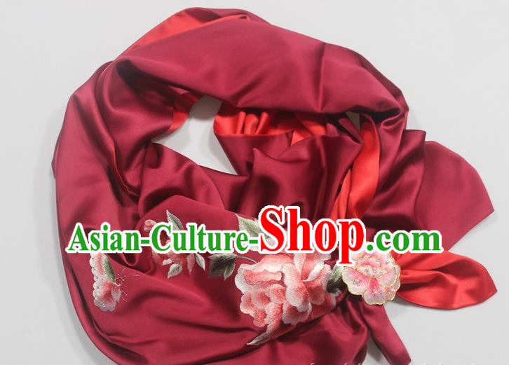Top Grade Wine Red Silk Tippet with Brooch Chinese Traditional Cheongsam Accessories Embroidered Scarf