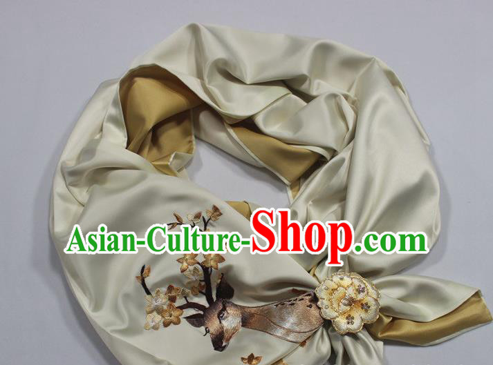 Chinese Traditional Cheongsam Accessories Top Grade Tippet with Brooch Embroidered Deer Yellow Silk Scarf