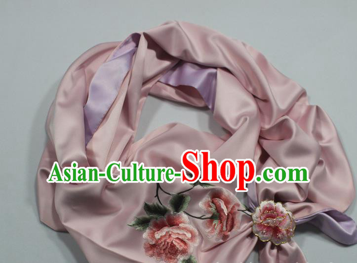 Pink Silk Tippet with Brooch Chinese Traditional Cheongsam Accessories Top Grade Embroidered Peony Butterfly Scarf