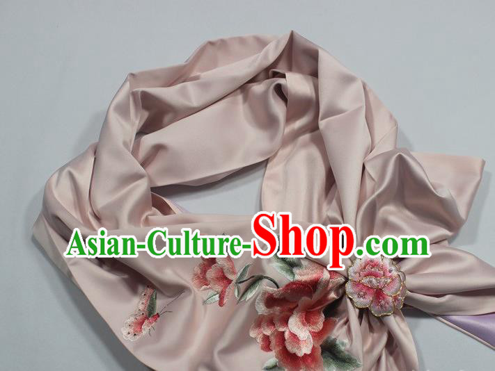 Champagne Silk Tippet Chinese Traditional Cheongsam Accessories Top Grade Embroidered Peony Scarf with Brooch