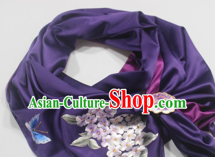 Top Purple Silk Tippet Chinese Traditional Embroidered Plum Butterfly Scarf with Brooch Cheongsam Cappa Accessories