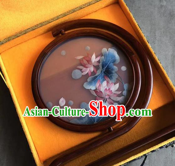 Traditional China Desk Screen Embroidered Landscape Painting Craft Handmade Rosewood Carving Table Decoration