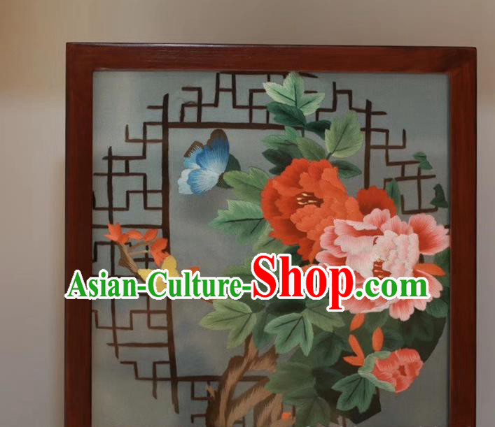 Traditional China Embroidery Peony Butterfly Desk Screen Wedding Craft Handmade Rosewood Table Decoration