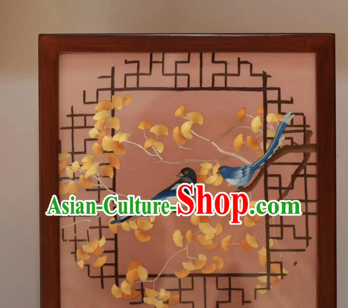 Traditional China Embroidery Ginkgo Leaf Birds Desk Screen Handmade Rosewood Table Decoration Wedding Craft