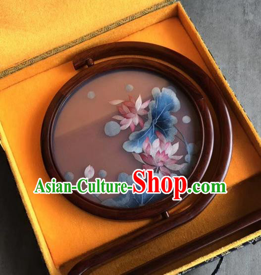 Traditional China Rosewood Carving Table Decoration Handmade Embroidered Sunrise Painting Craft Desk Screen