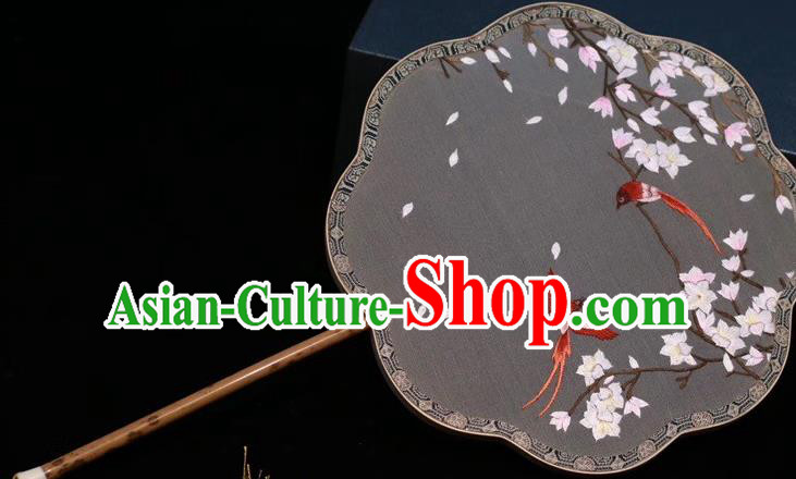 Classical Dance Embroidery Magnolia Birds Fan China Traditional Handmade Embroidered Palace Fan Grey Silk Fan