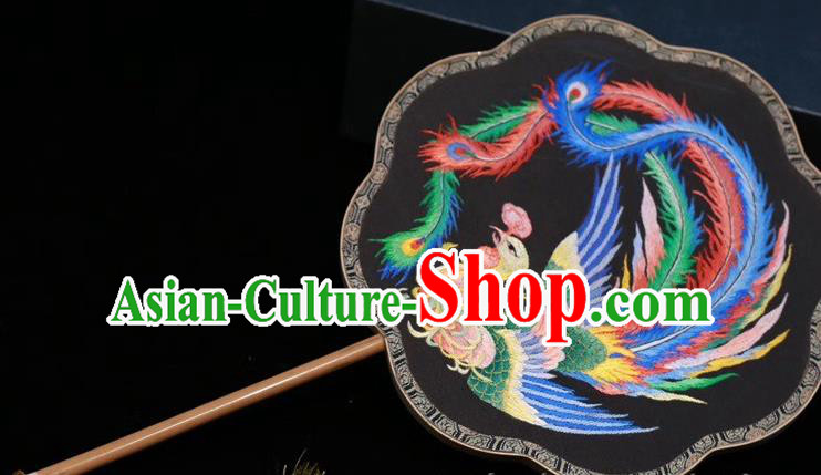 China Traditional Black Silk Fan Handmade Embroidered Palace Fan Classical Dance Embroidery Phoenix Fan