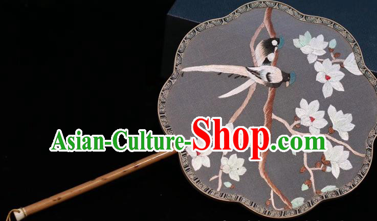 China Handmade Classical Dance Embroidery Mangnolia Fan Traditional Grey Silk Fan Embroidered Palace Fan