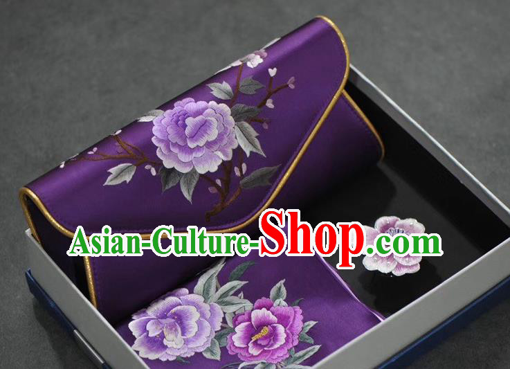 Chinese Traditional Suzhou Embroidery Peony Accessories Embroidered Purple Silk Scarf and Handbag Brooch