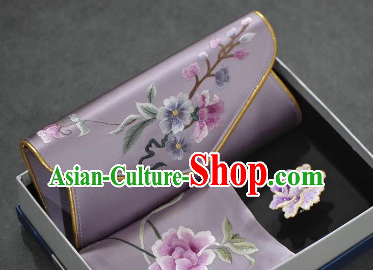Chinese Traditional Suzhou Embroidery Cheongsam Accessories Embroidered Lilac Silk Scarf and Handbag Brooch Set