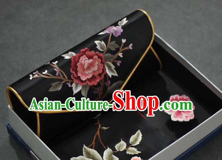 Gift Package Embroidered Black Silk Scarf Handbag and Brooch Chinese Suzhou Embroidery Peony Cheongsam Accessories