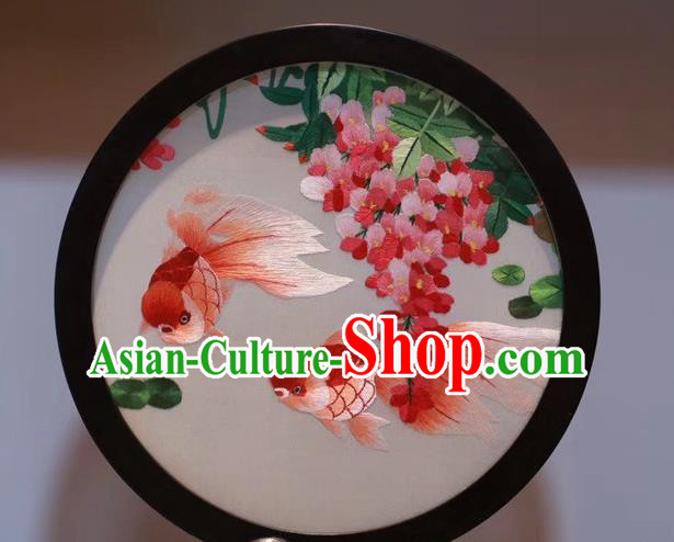 China Desk Screen Traditional Rosewood Carving Table Decoration Handmade Double Side Embroidery Goldfish Craft