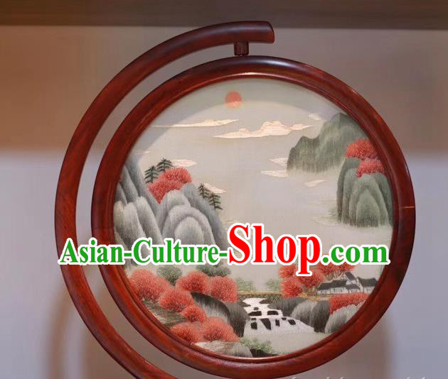 Traditional China Table Decoration Embroidered Landscape Painting Desk Screen Handmade Embroidery Rosewood Craft