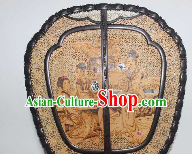China Handmade Court Lady Pattern Rosewood Carving Fan Traditional Palace Fan Table Decoration