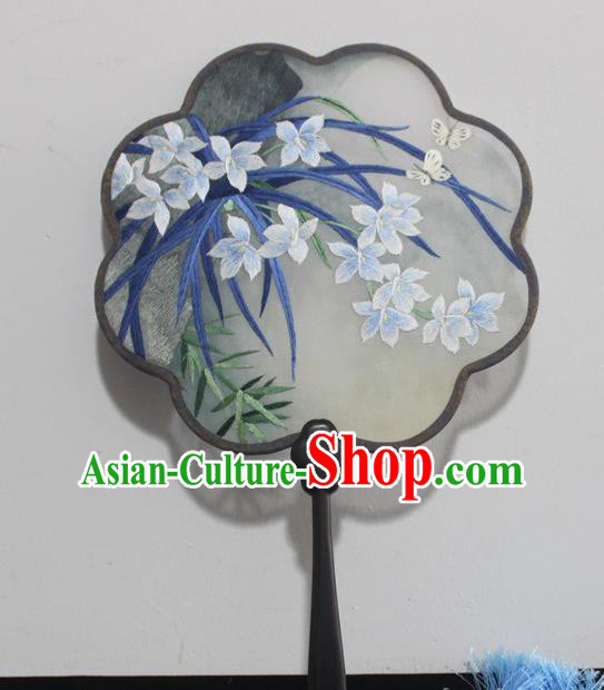 China Traditional Embroidered Silk Fan Rosewood Fan Handmade Double Side Embroidery Orchids Palace Fan