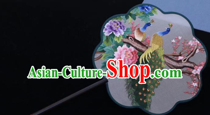 China Embroidered Palace Fan Traditional Classical Dance Silk Fan Handmade Embroidery Peacock Peony Fan