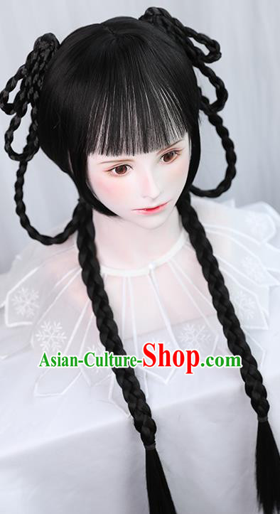 Chinese Qing Dynasty Young Female Bangs Wigs Best Quality Wigs China Cosplay Wig Chignon Ancient Village Girl Wig Sheath