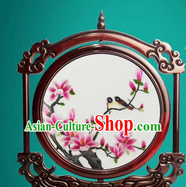 China Traditional Handmade Rosewood Decoration Double Side Embroidery Craft Suzhou Embroidered Magnolia Desk Screen