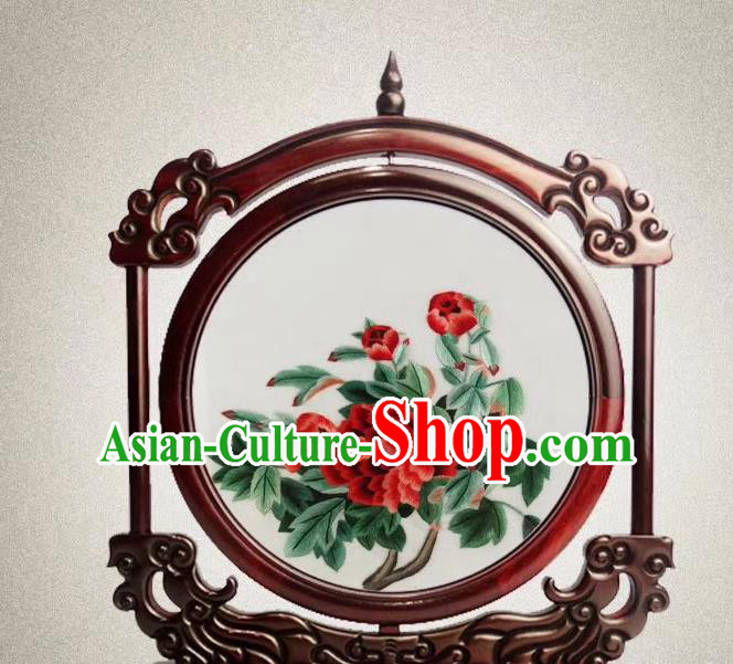 China Handmade Embroidered Peony Desk Screen Traditional Double Side Rosewood Decoration Suzhou Embroidery Craft