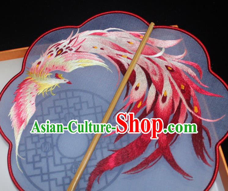 China Blue Silk Palace Fan Embroidered Dance Fan Traditional Hanfu Fan Handmade Suzhou Embroidery Phoenix Palace Fan