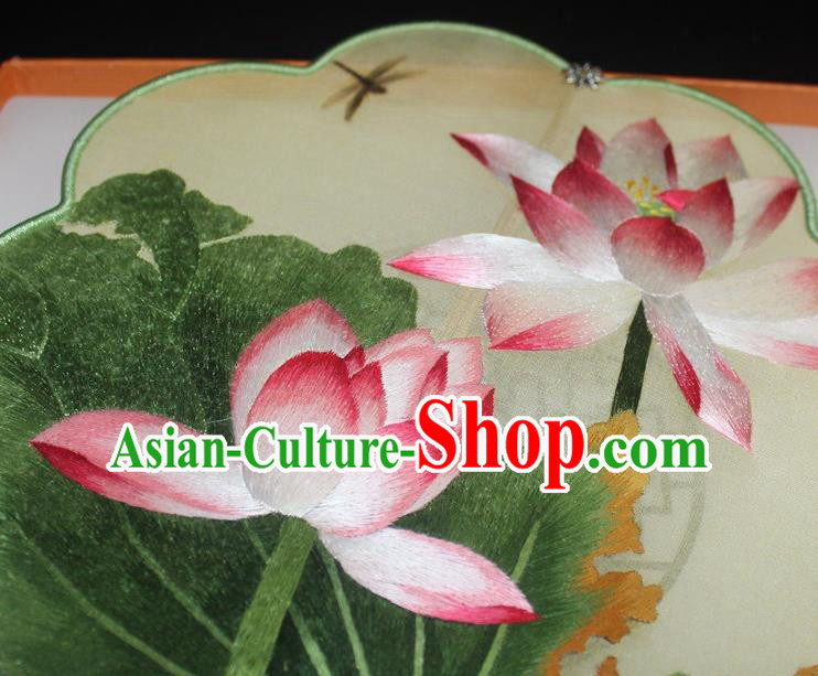 China Embroidered Dance Fan Handmade Suzhou Embroidery Lotus Palace Fan Green Silk Fan Traditional Hanfu Fan