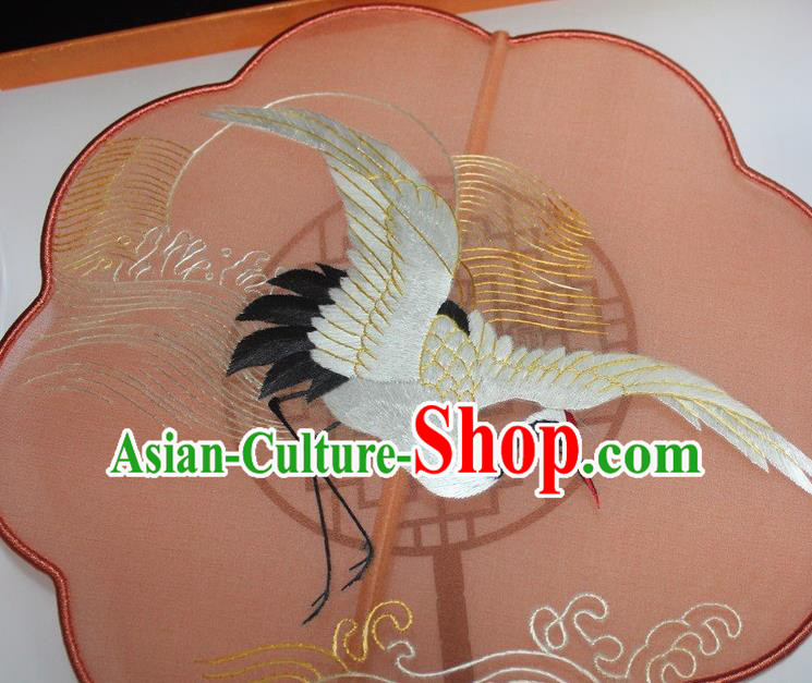 China Traditional Court Hanfu Fan Handmade Red Silk Fan Suzhou Embroidered Fan Embroidery Crane Palace Fan