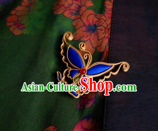 China Cheongsam Breastpin Handmade Traditional Accessories Blue Silk Butterfly Brooch