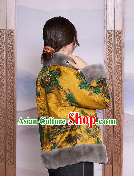 Chinese Women Winter Outer Garment Yellow Watered Gauze Coat Traditional National Clothing Jacket