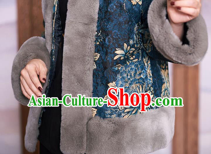 Chinese Navy Jacket Women Winter Outer Garment Watered Gauze Coat Traditional National Clothing