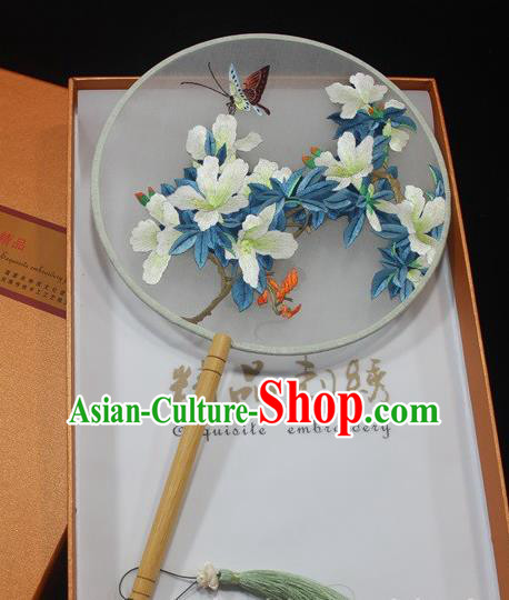 China Ancient Princess Fan Handmade Exquisite Embroidery White Flowers Fan Traditional Palace Fan
