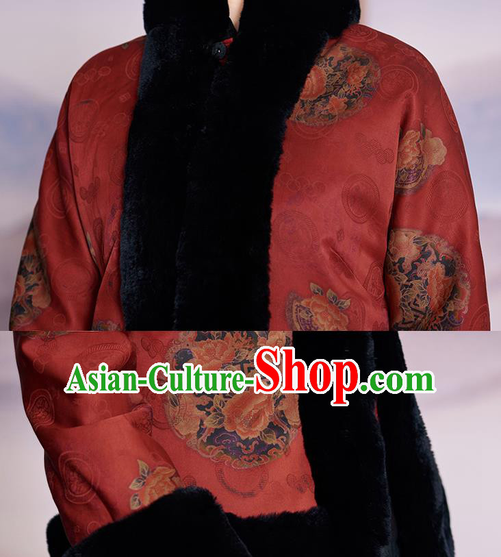 Chinese Purplish Red Watered Gauze Jacket Women Coat Traditional National Clothing Winter Outer Garment