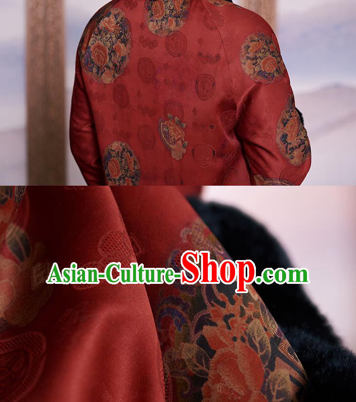 Chinese Purplish Red Watered Gauze Jacket Women Coat Traditional National Clothing Winter Outer Garment