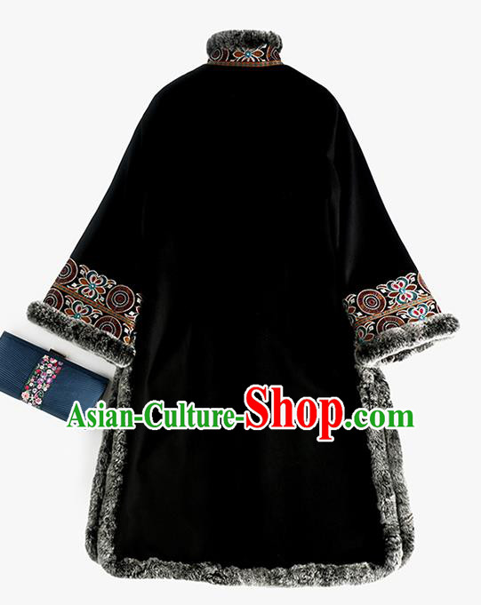 Chinese Black Woolen Dust Coat Women Embroidered Coat Traditional National Clothing Winter Outer Garment