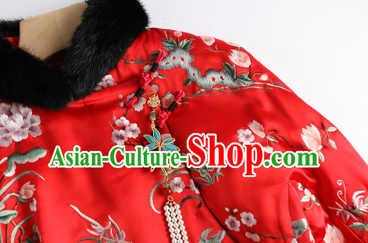 Chinese Traditional National Clothing Winter Outer Garment Women Embroidered Cotton Wadded Coat Red Satin Jacket